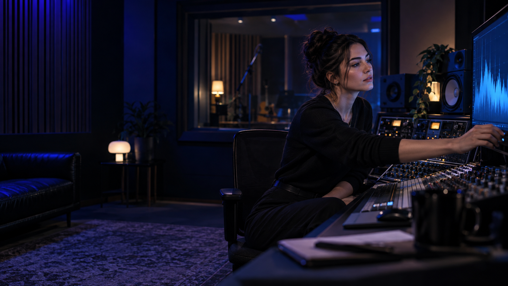 A woman engineer adjusting a mastering analysis display